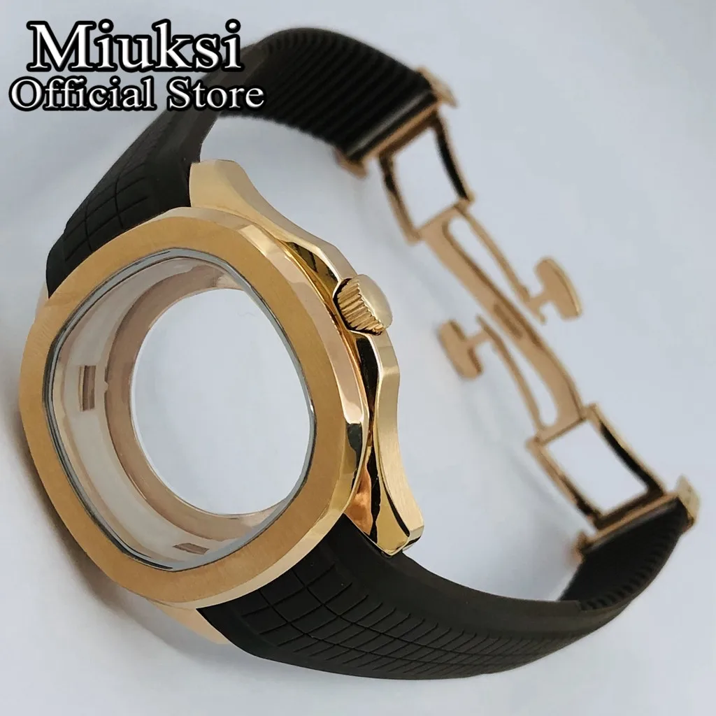 Miuksi 40mm square rose gold watch case sapphire glass black blue grey green rubber strap fit NH35 NH36 ETA2824 PT5000 movement