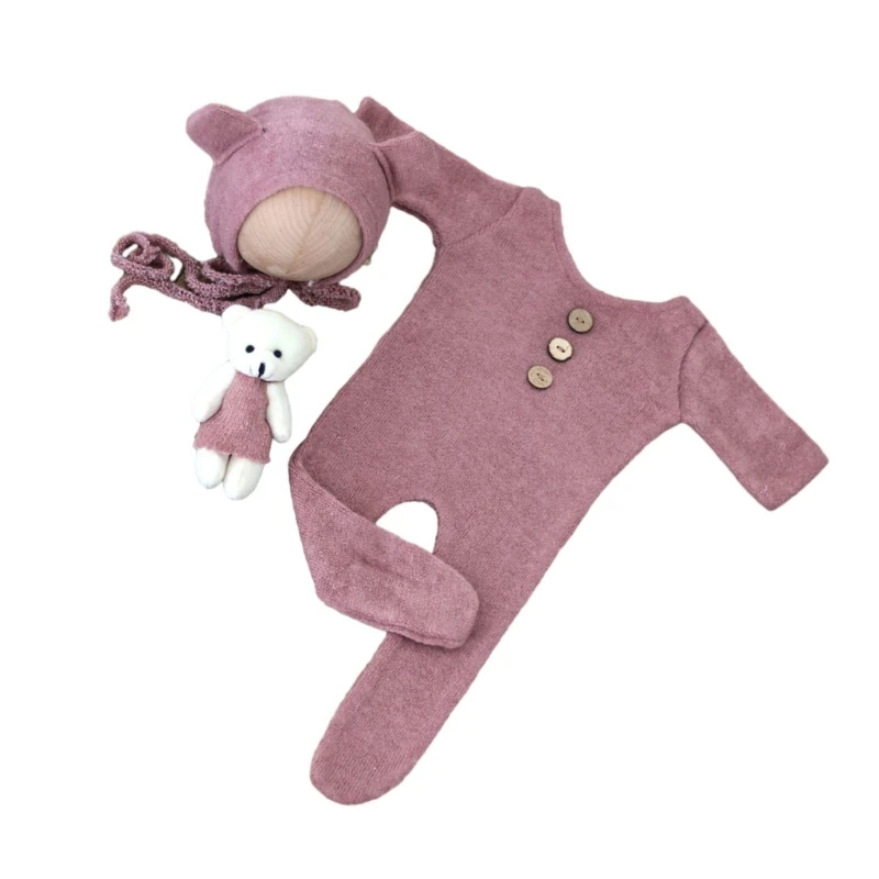 N80C Newborn Photography Costume Set Baby Knit Clothing with Bear Hat & Lovely Baby Photo Props for Boy Girl