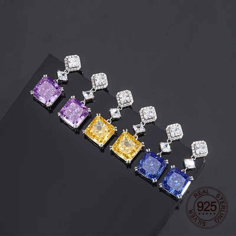 

10mm Square Shape Yellow Purple Blue Color Crush Ice Cut High Carbon Diamond 5A Zircon 925 Sterling Silver Stud Earrings