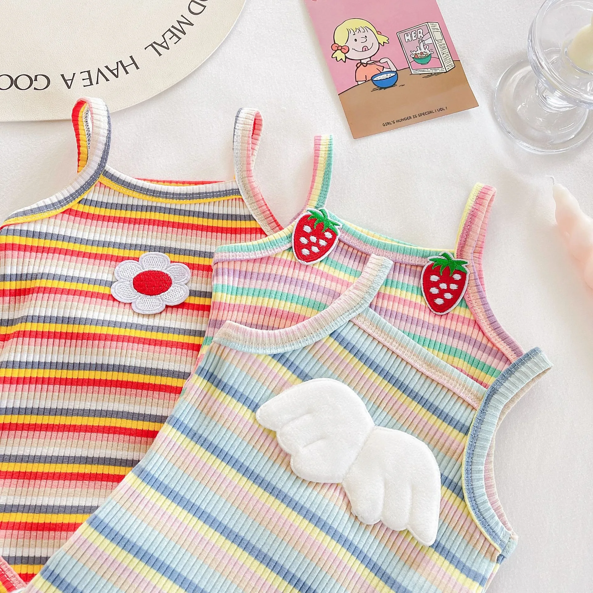 Ircomll 2 PCS Newborn Baby Girls Summer Clothing Infant Sling One-Piece Colorful Stripes Jumpsuit Toddler Tank Top Strap Onesies