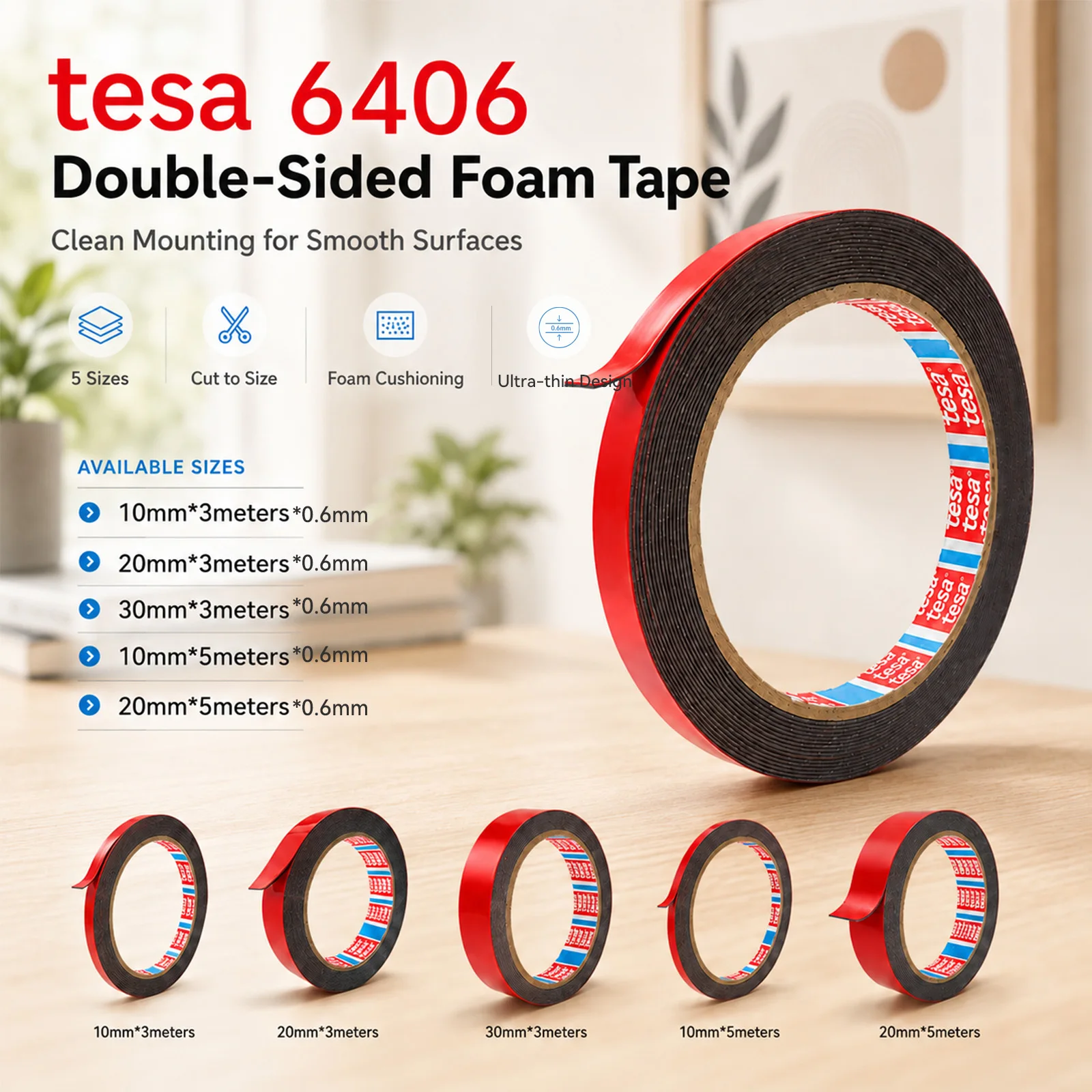 Tesa 6406 Doppelseitiges PET-Klebeband Hohe Haftung Starkes Dünnes Polyester für Industrielle Elektronik Verbinden Montieren Fixieren