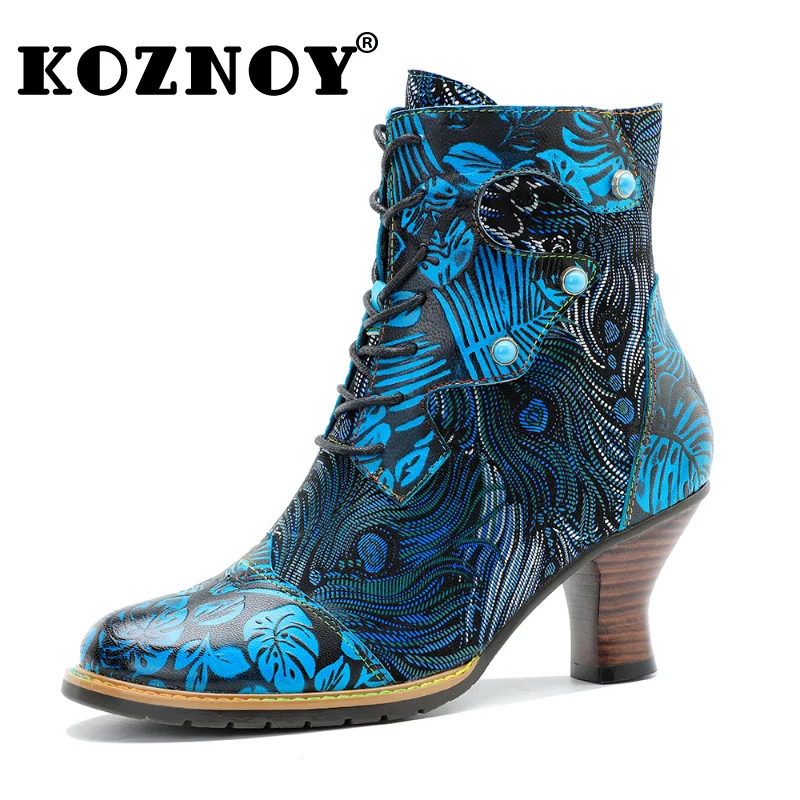 

Koznoy 5cm Fashion Ethnic Cotton Big Size Ankle Boots Print Sheepskin Leather Jacquard Fabric Women Autumn Spring Mid Calf Shoes