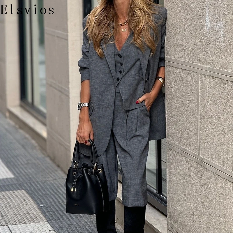 Lady Elegant Slim Jackets&Sleeveless Vest&High Waist Trouser 3Pcs Commuter Suit Solid Autumn Set Women Long Sleeve Blazer Outfit