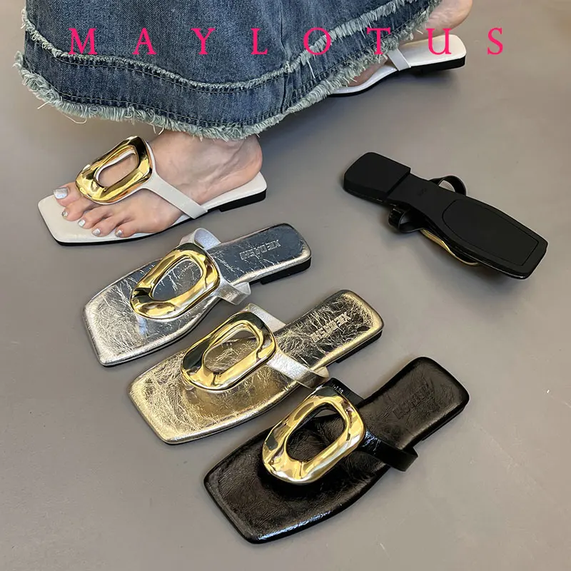 

2025 Women Slippers Flats Sandals Flip Flops New Summer Beach Slippers Fashion Metal Shoes Slides Women Zapatos De Mujer