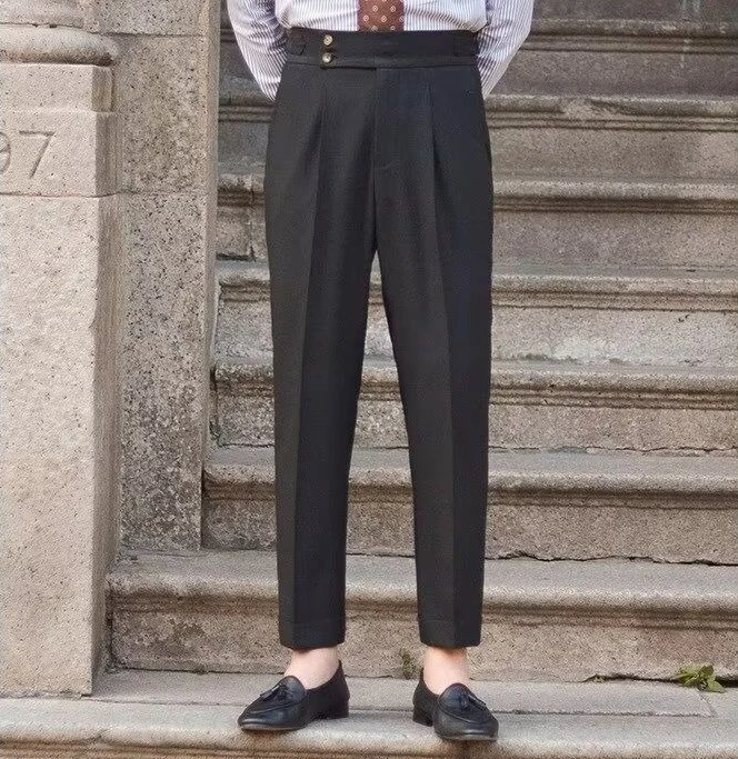 Men's Summer Casual Italian Retro Mid-rise Pants Casual Straight Neapolitan British Business Paris Buckle White Long Trousers