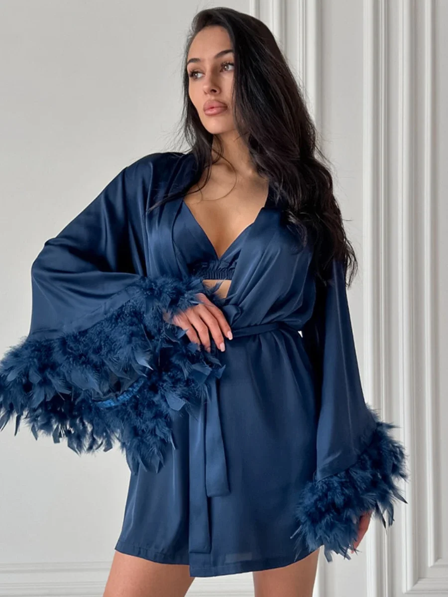 Mozuleva Autumn New Underwear Shorts Nightgown 3- Piece Set Simulated Silk Home Suit Feather Cuffs Sexy Pajama Sets For Women