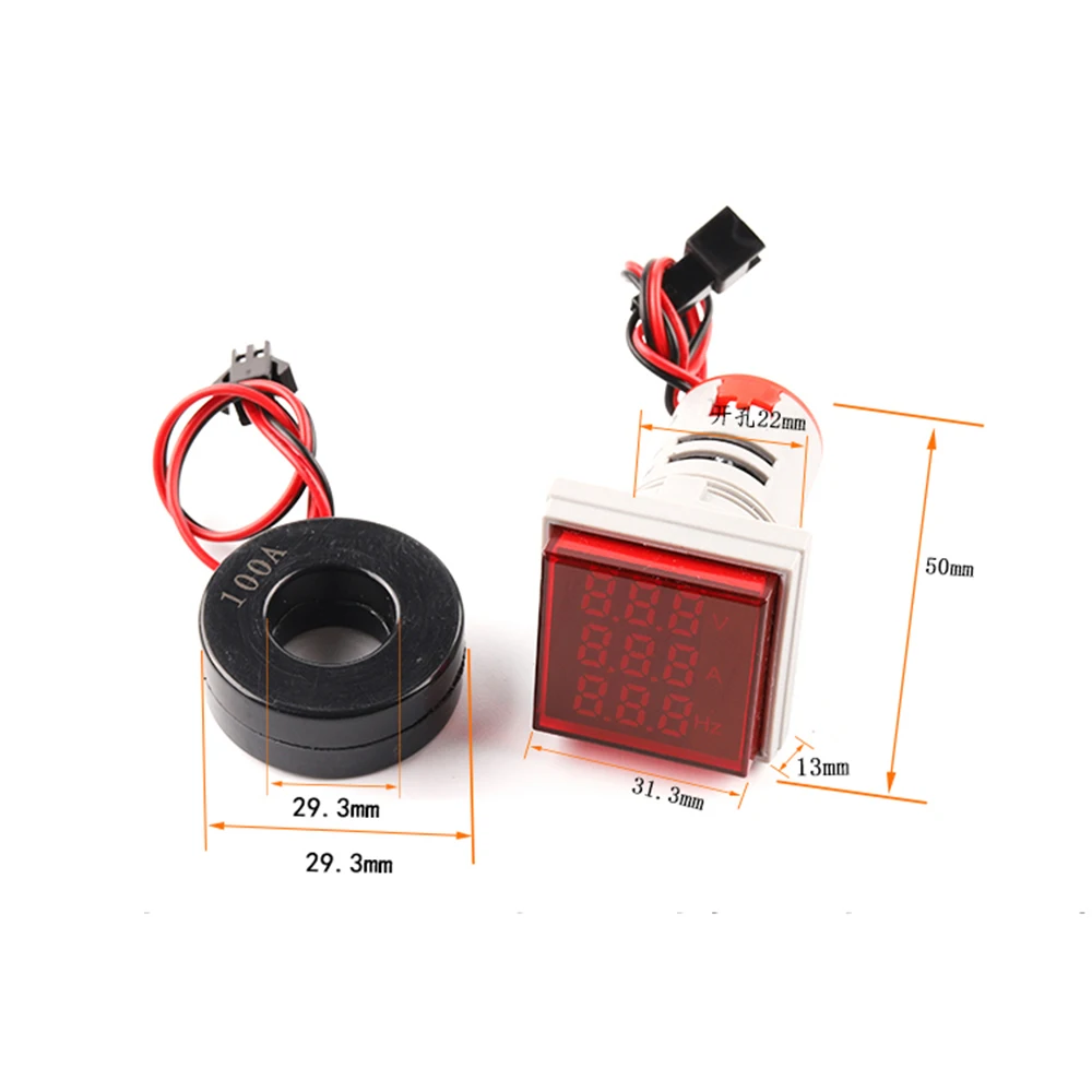 22mm AC50-500V  Digital Display Square Voltmeter Ammeter Ampere Current Voltage Hertz Frequency Meter LED Signal lndicator