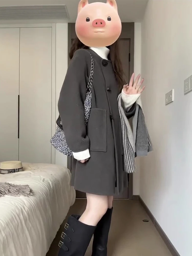 

Новая корейская шерстяная куртка-пальто на пуговицах для женщин, осень-зима 2026, элитный стиль, маленький размер, средней длины