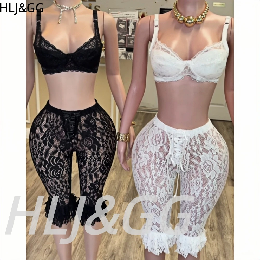 HLJ&GG Sexy Lace See Though Bandage Shorts Two Piece Sets Women V Neck Spaghetti Strap Bra And Shorts Outfits Fashion Streetwear