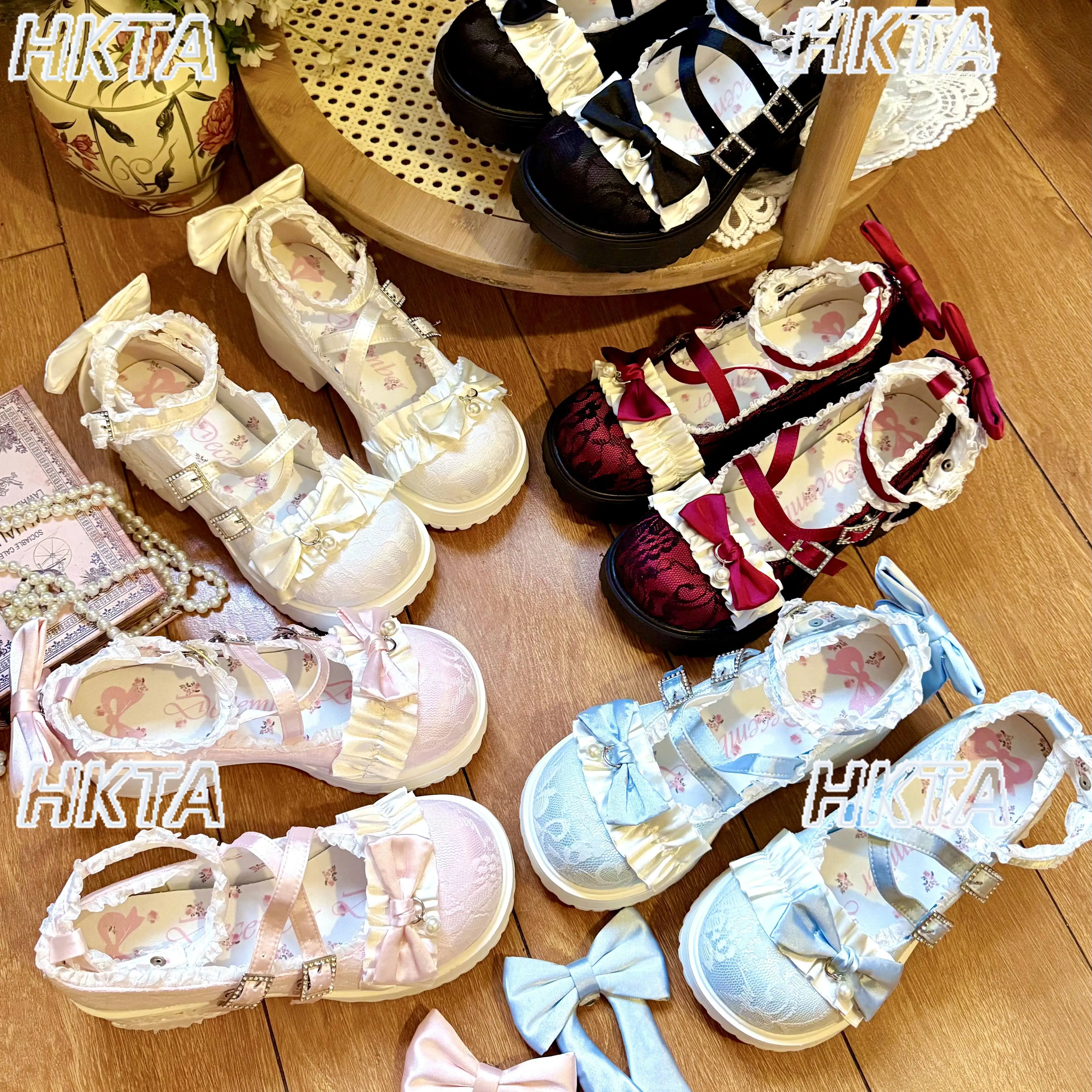 Japanese New Kawaii Lolita Square Heel Lace Bow Tower Buckle Elegant Mary Jane Shoes Sweet Lo Black Shoes Mid Heel Pumps Women
