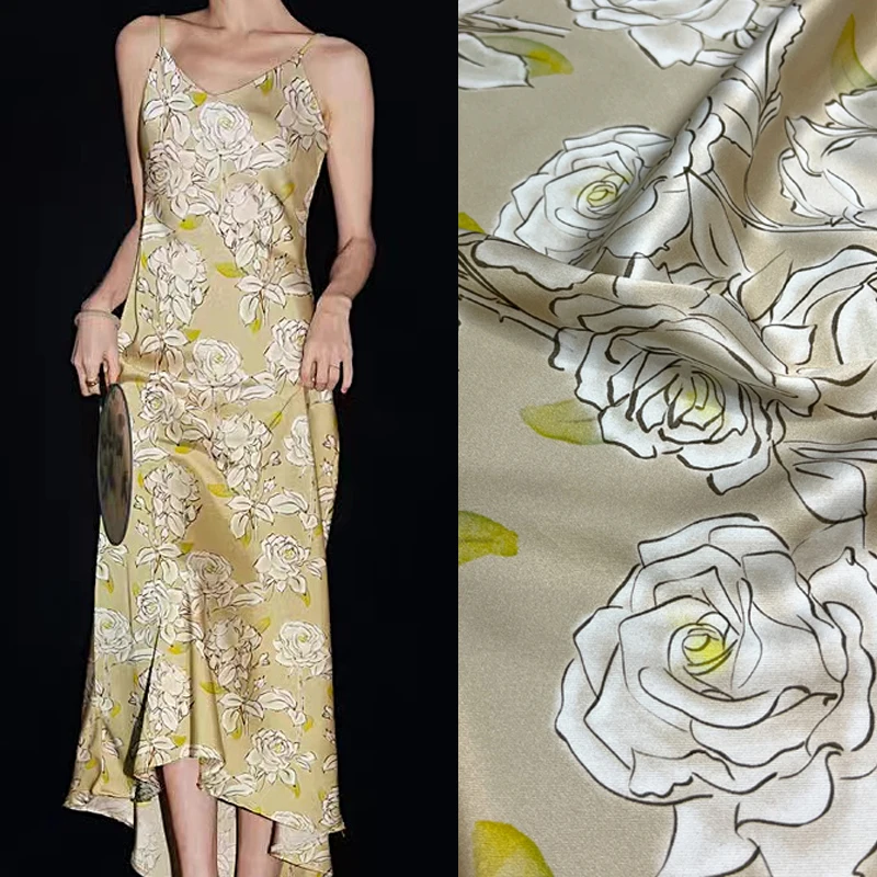 

140CM Wide-20MM Thick-Apricot Twill Silk Fabric for Summer Pants Dress-Stretch Comfortable Silk Fabric Floral Printed D1609