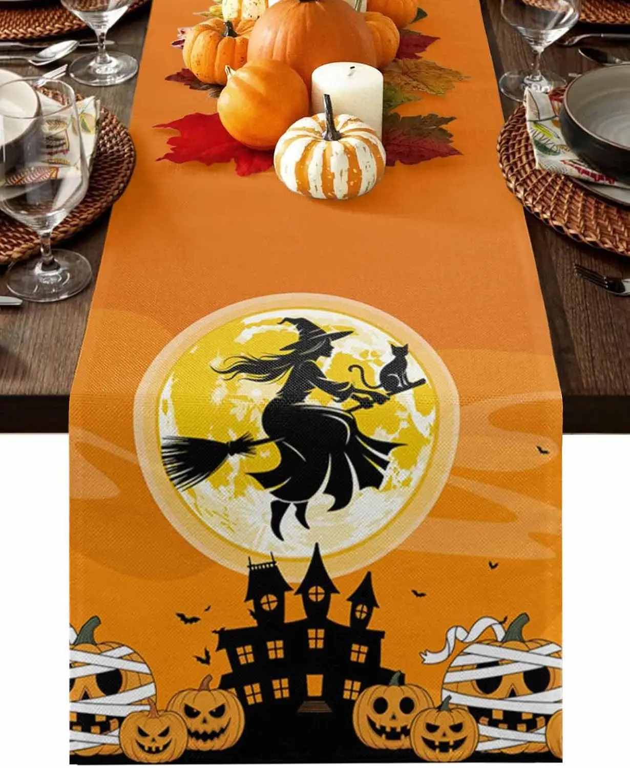 Halloween Black Witch Castle Pumpkin Bat Linen Table Runner Home Decor Washable Kitchen Dining Table Runner Halloween Decoration