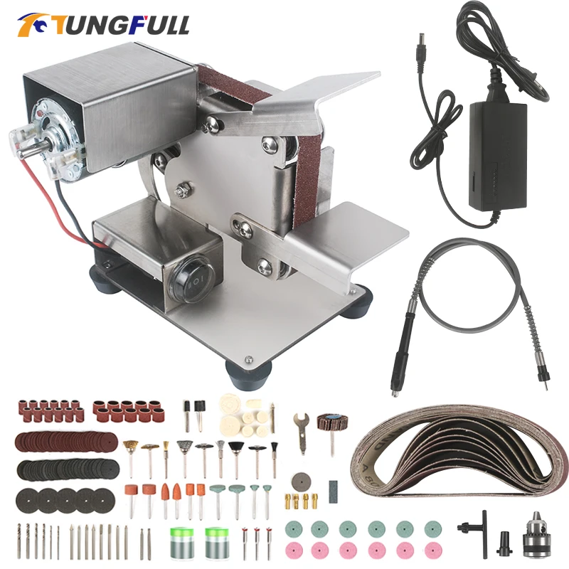 Tungfull-lijadora de banda de 220v, pulidora de bricolaje, minimáquina pulidora, herramienta con 10 correas de piezas