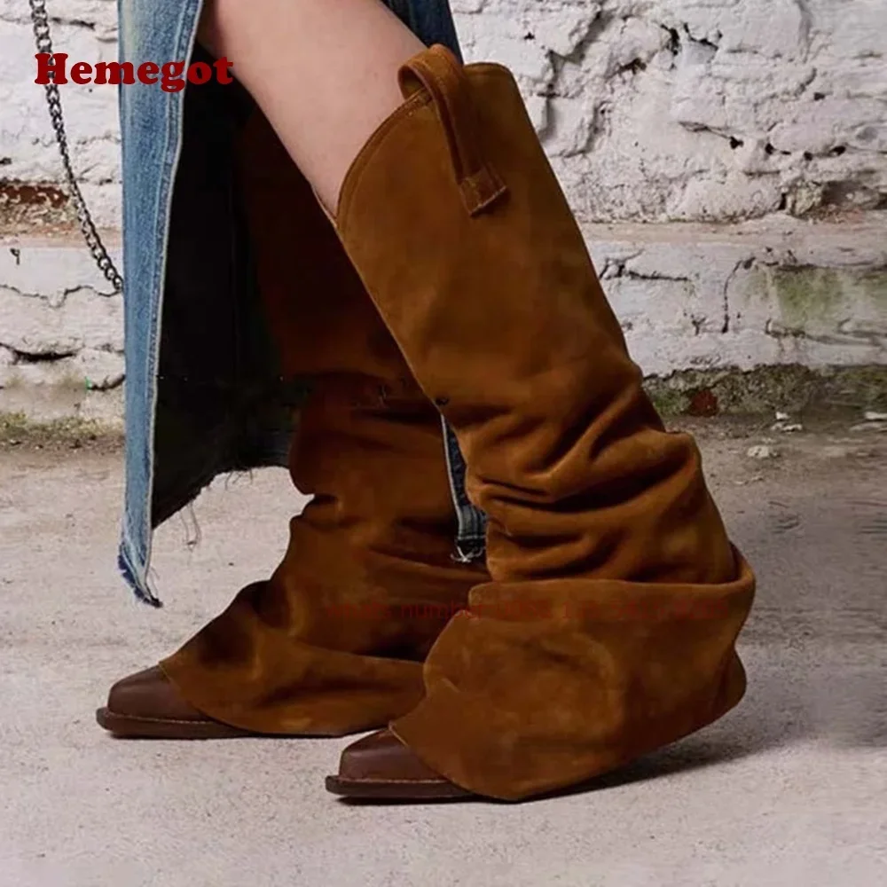 

Brown Suded Knee High Boots Pointy Toe Chunky Heels Western Cowboy Boots Retro 2024 Winter Knight Booty Large Size Luxury Shoes