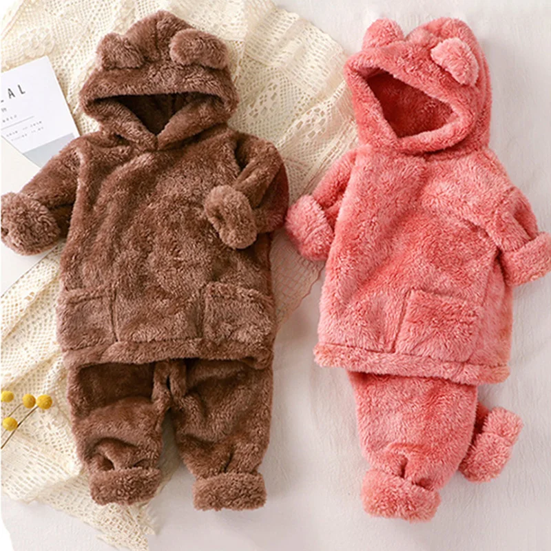 Winter Baby Clothes Sets Boys Girls Autumn Warm Fleece Hoodies+Pants 2Pcs Children Hooded Casual Suits Kids Plush Velvet Outfits