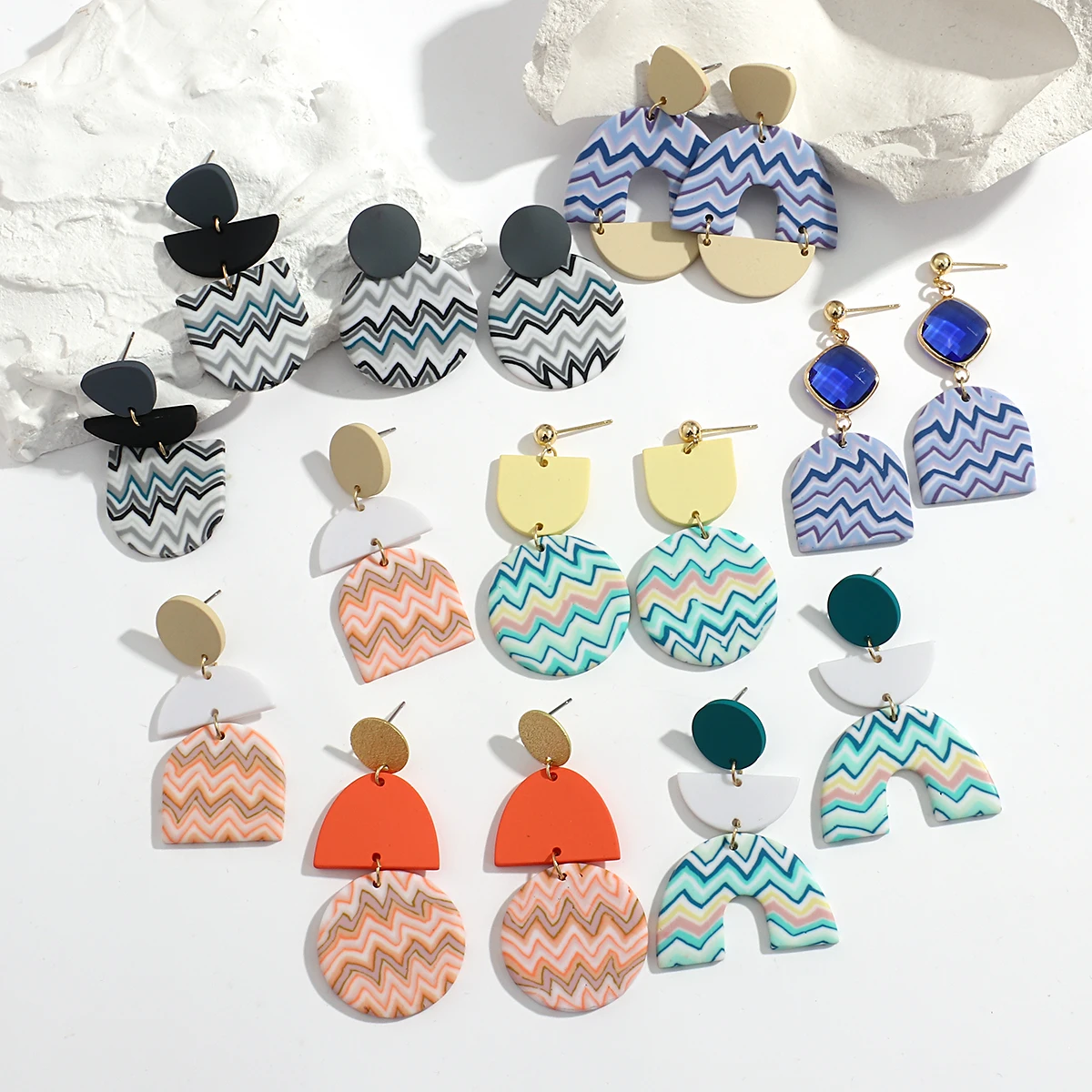 AENSOA Handmade Wavy Line Polymer Clay Earrings for Women Multiple Geometric Abstract Pattern Drop Earrings Wholesale Jewelry