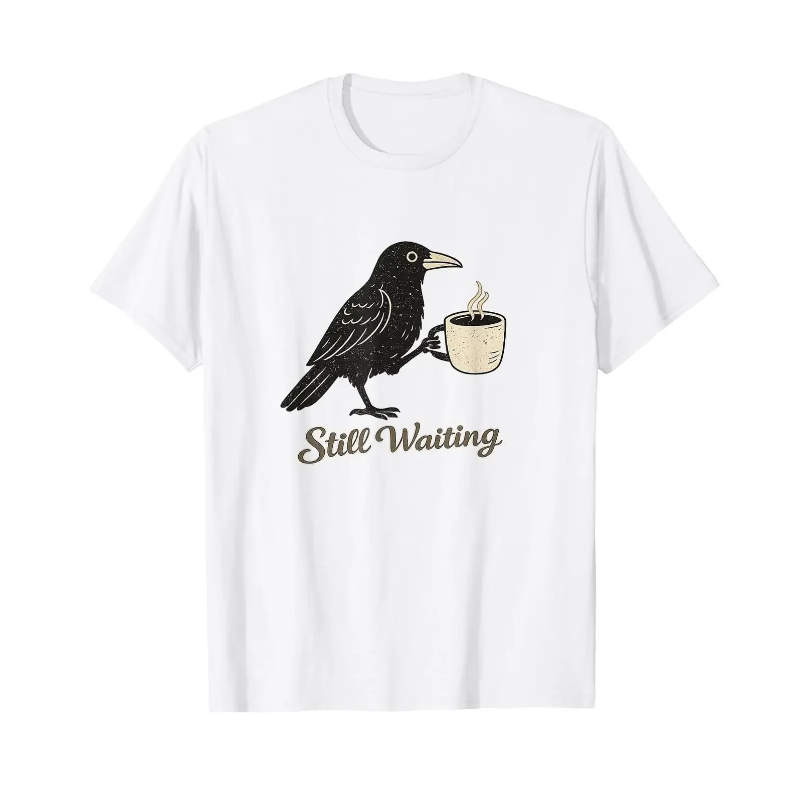Noch Waiting Lustiges Krähen-Kaffee-T-Shirt mit dunklem Humor, Doodle-Skizze, Vintage-Waschung, stilvolles, atmungsaktives Mode-Top für den Alltag