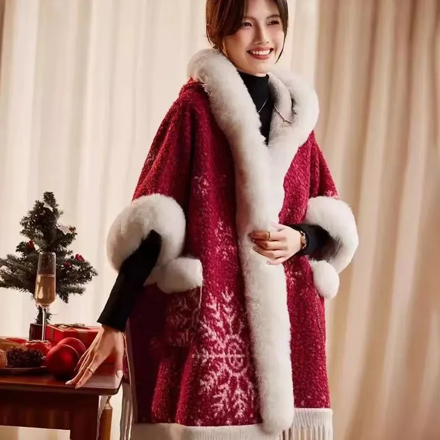 Gold Plated Trendy Cross-Border Velvet Hooded Shawl Cloak New Year Christmas Snowflake Fashion Warm Cloak Padded Coat Minimalist