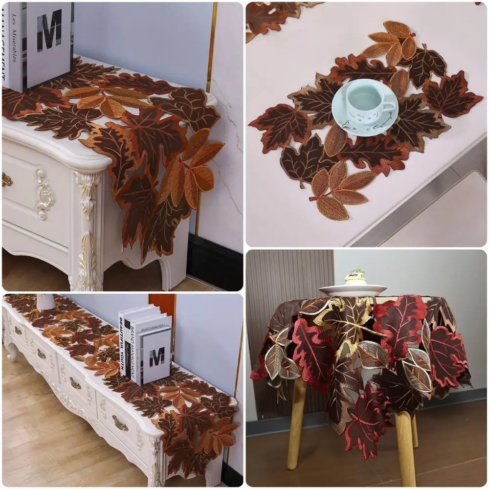 Rustic Maple Leaf Embroidered Table Runner Leaf Pattern Hollow Tabletop Placemat Multicolor Table Mat Harvest Party