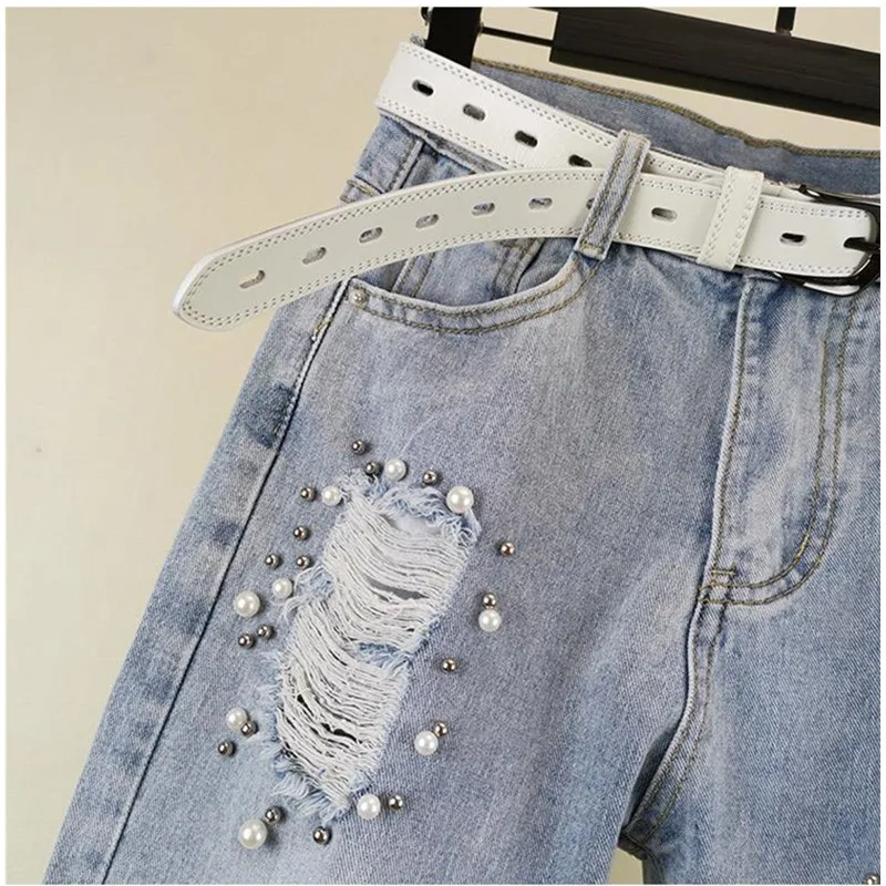 Heavy industry Nail bead ripped Jeans Women's Street wear 2026 Summer New Korean version Loose High waisted Casual Denim Pants