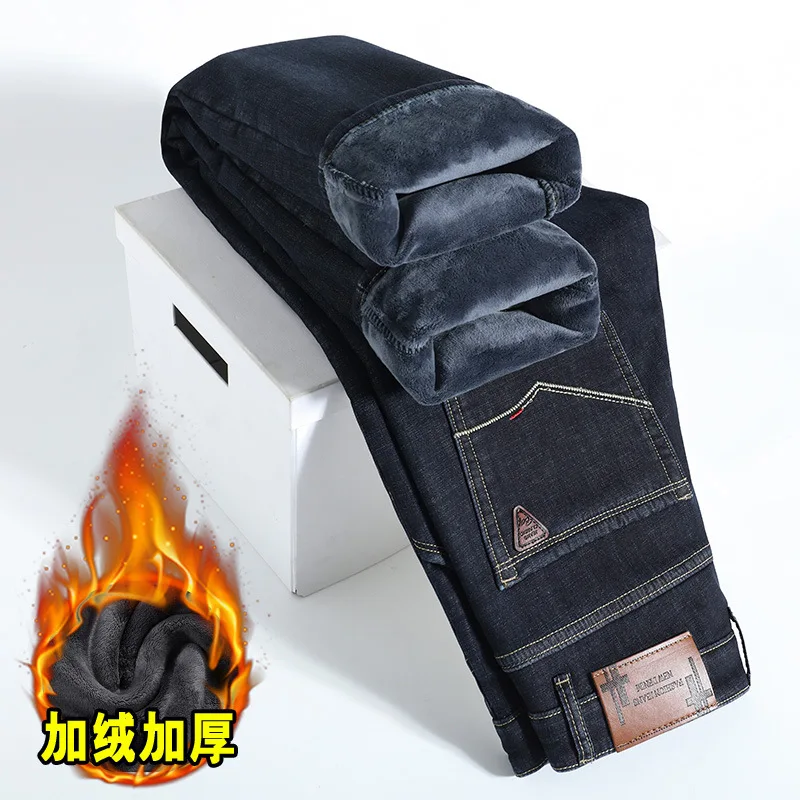 2025 Winter Jeans Men Straight Warm Thick Fleece-lined Denim Trouser Male Classic Business Casual Cowboy Pant Stretch Black Blue