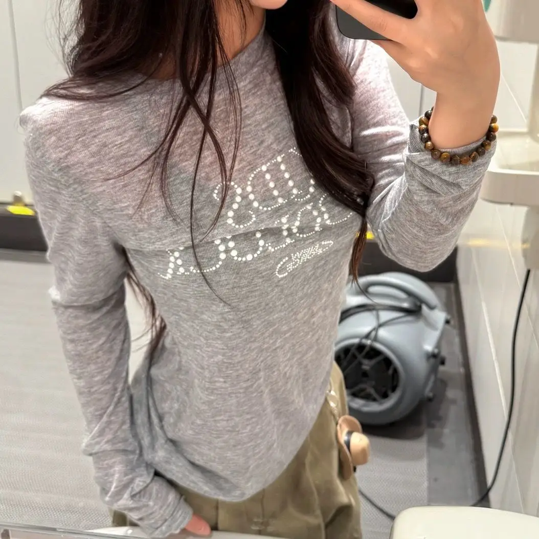 

Korejpaa American Street T Shirts Women Pearl Hot Drill Long Sleeved T-shirt Early Autumn New Slim Thin Sunscreen Casual Tee