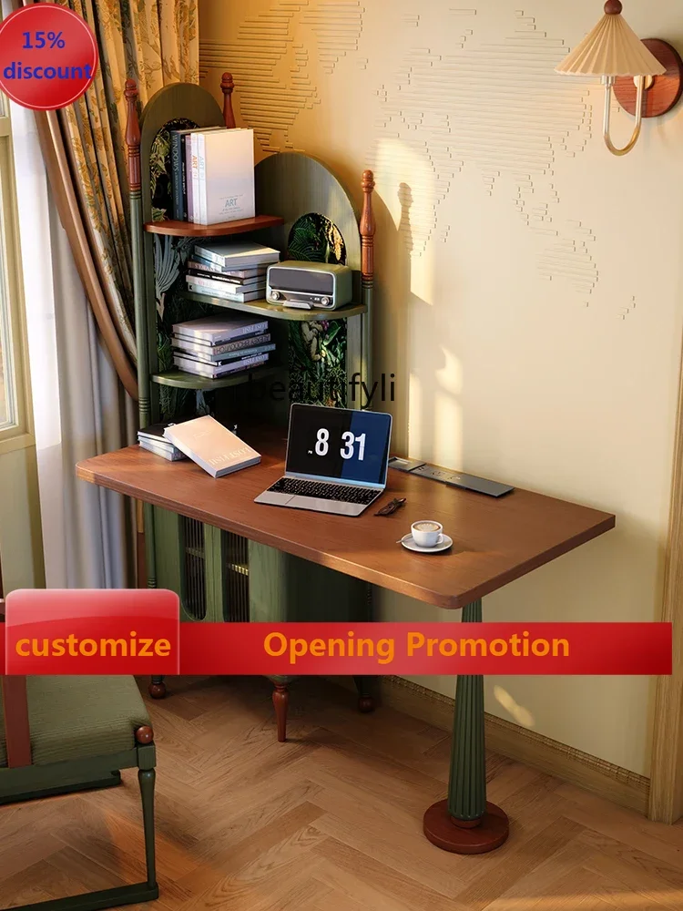 

ss8350 Solid wood desk small apartment bedroom French retro corner desk bookcase integrated medium and ancient style