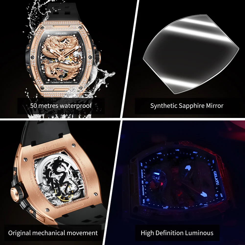 GELATU 6021 Golden Dragon Hollow Men Watch Automatic Mechanical Watch Waterproof Silicone Luxury Diamond Men Watch Reloj Hombre