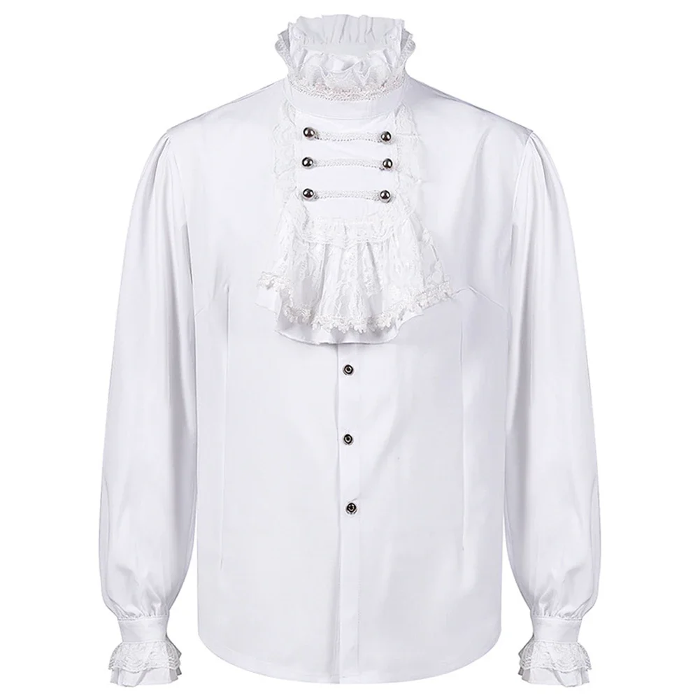 2024 Men\'s Gothic White Shirts And Blouses Tops Retro Victorian Medieval Lace Ruffles Stand Collar Puff Sleeve Shirt Clothing