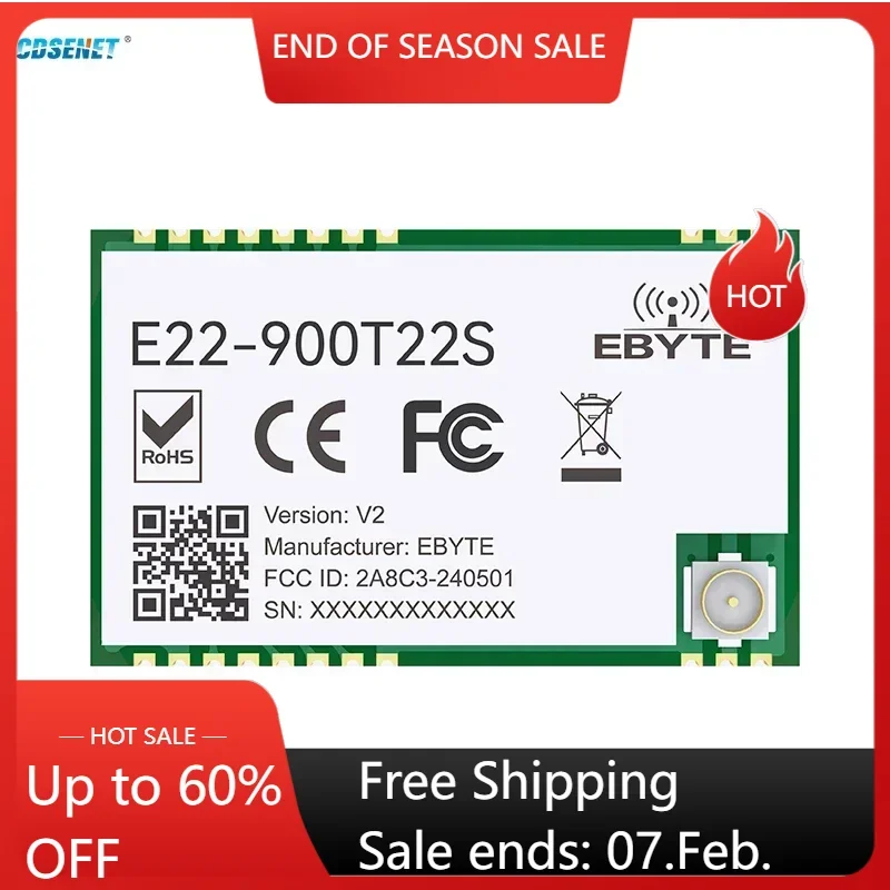 

868MHz 915MHz LoRa NetWorking RSSI Wireless Transceiver CDSNET E22-900T22S 22dBm UART SMD IPEX Stamp Hole TCXO RF Module