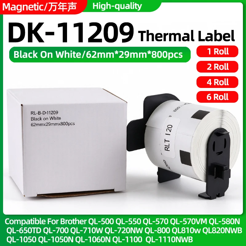 1~6Roll DK-1209 DK-11209 Label 62mm*29mm*800pcs DK1209 DK11209 sticker Labels thermal paper Compatible For Brother Label Printer