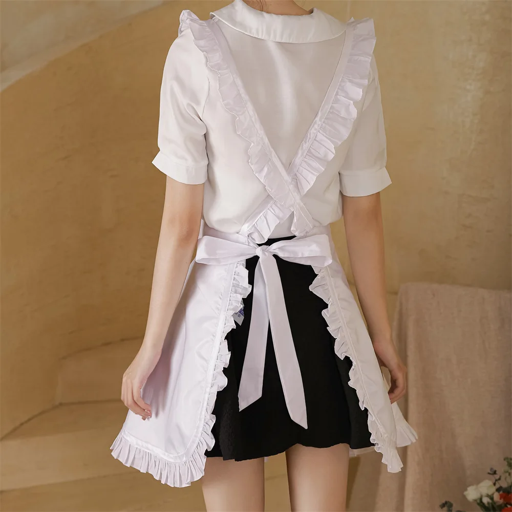 White household kitchen apron waterproof and oil-proof ruffle edge strap cross blouse manicure overalls