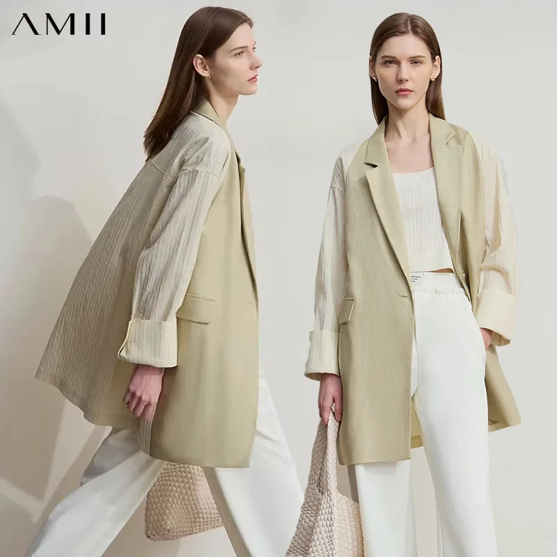 

Amii Минималистичная женская модная повседневная куртка 2200, осень, лиоцелл, лен, свободный пиджак с мятой текстурой 12551008
