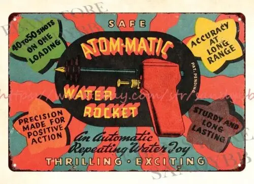 new home wall art AUTOMATIC SPACE ROCKET PISTOL childhood toy metal tin sign