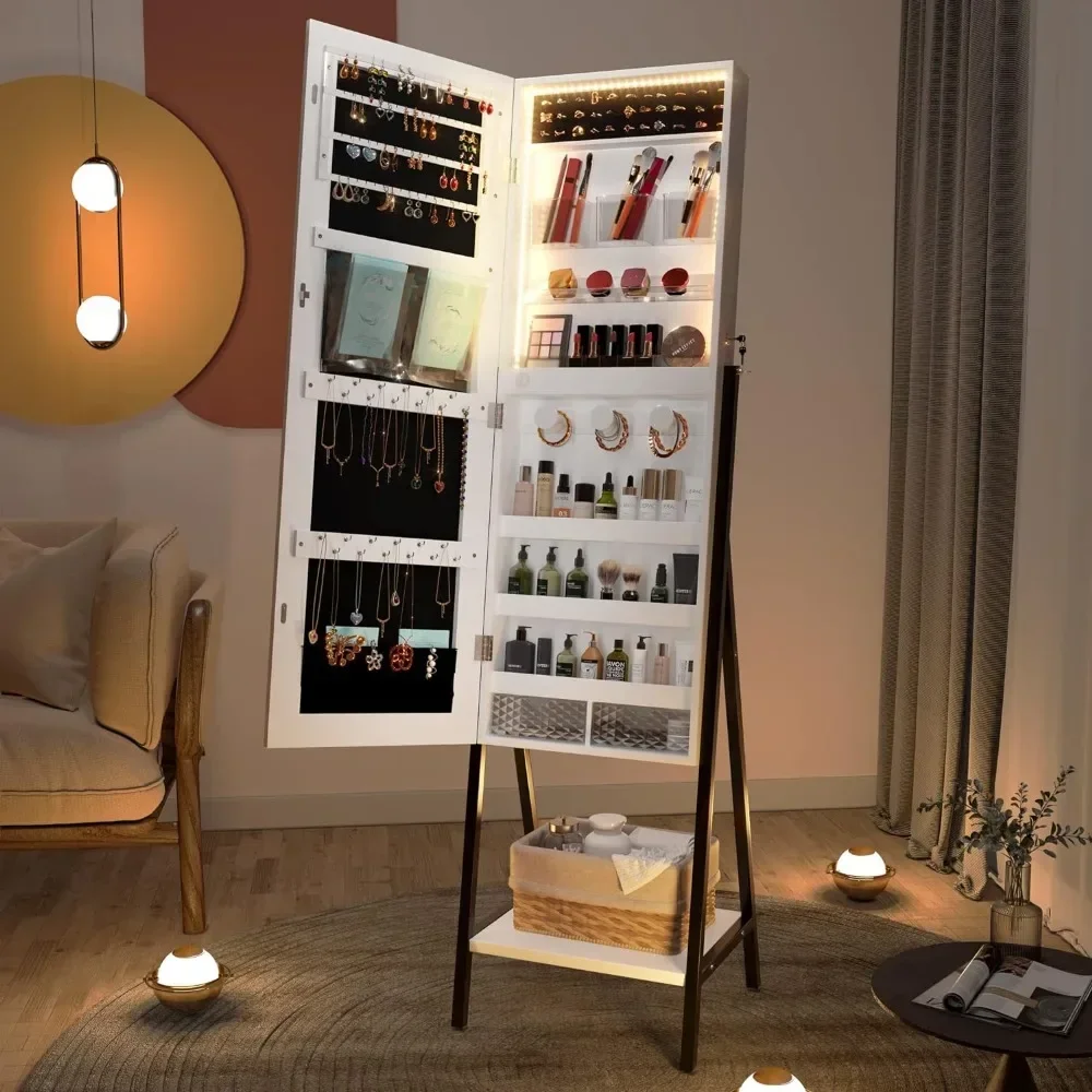 Comprimento total Espelho com Pé Armário, Jóias Cabinet, Standing Espelho, 42,5 polegadas, 3 LEDs