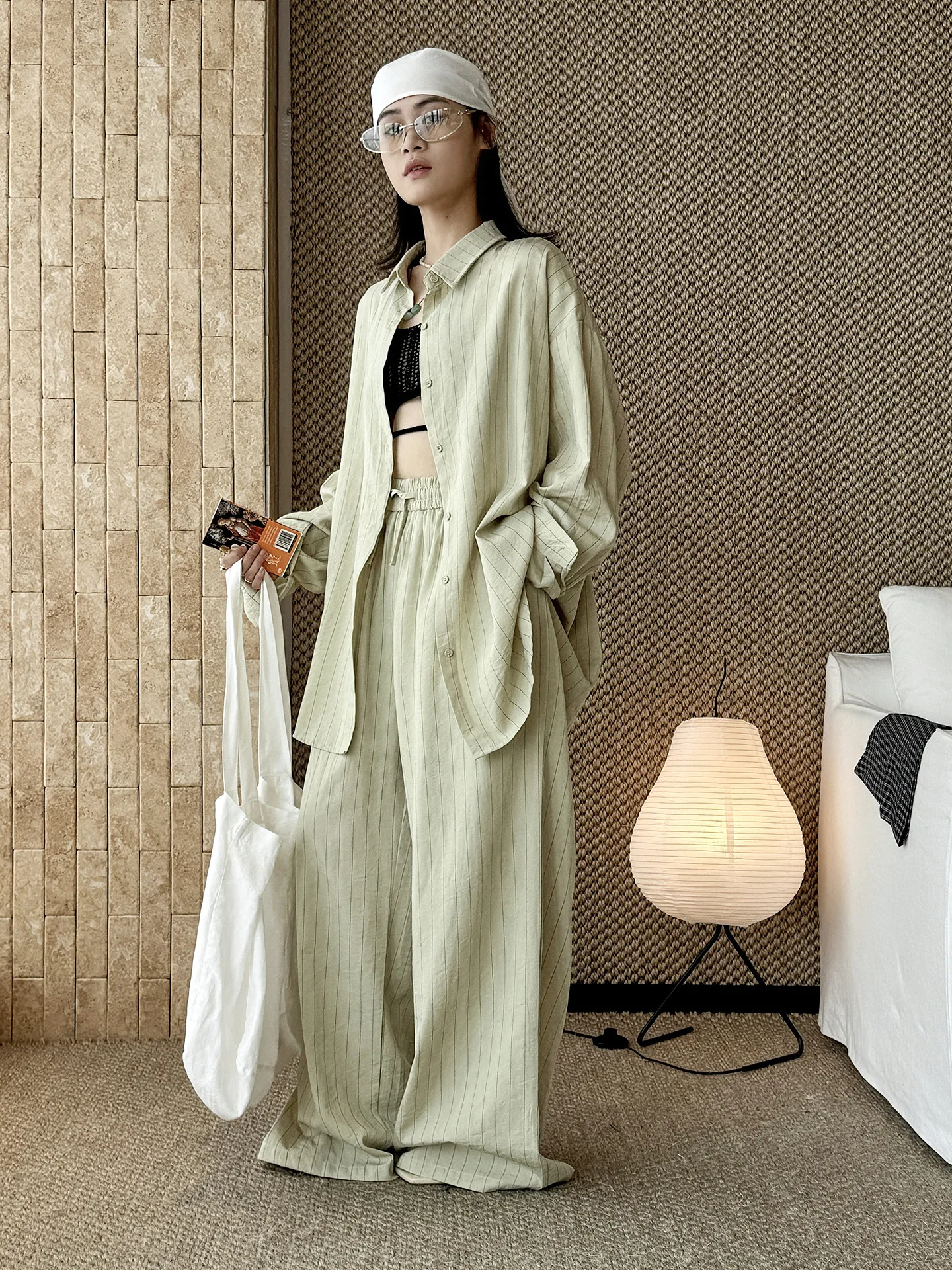 Summer Striped Lapel Long Sleeved Shirt Casual Pants Two-Piece Loose and Comfortable Set