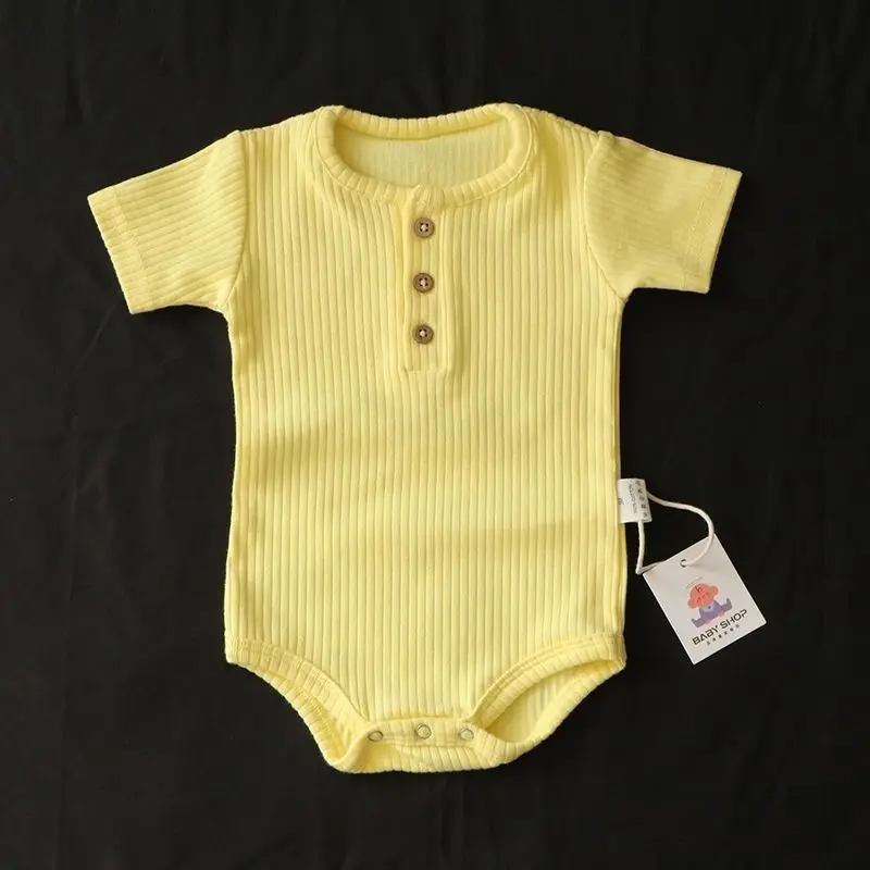 

Baby Pure Cotton Pit Stripe Triangle Solid Color Bag Fart Clothes Short Sleeved Crawling Clothes Ha Yi Newborn Baby Jumpsuit