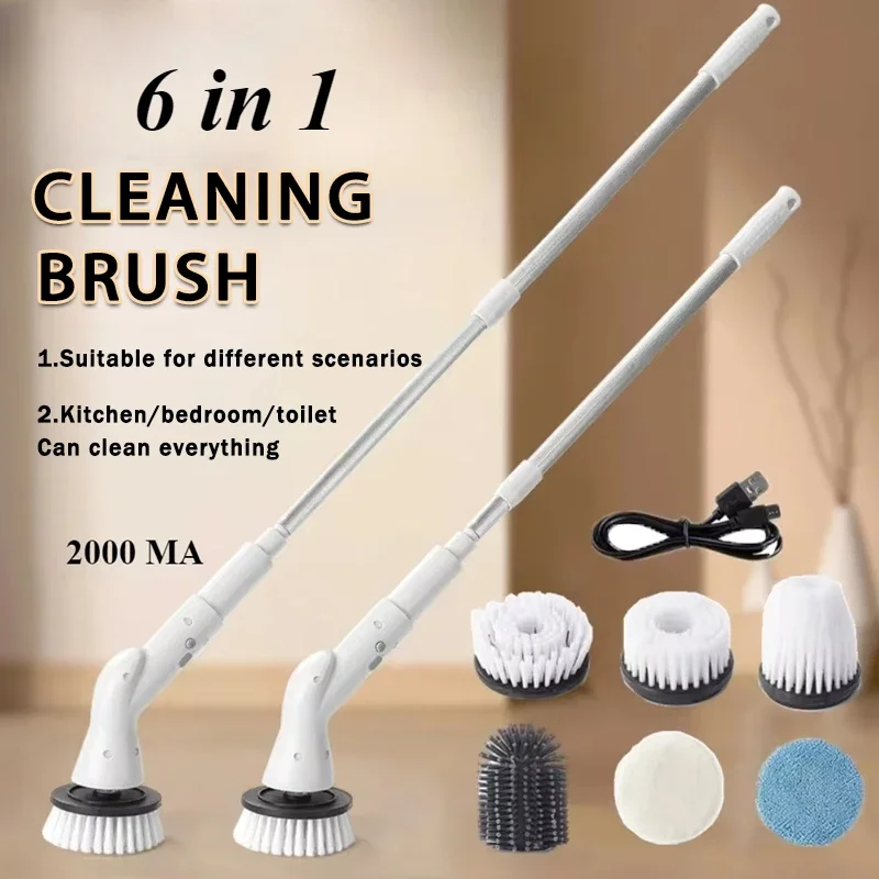 2000 MA 6-in-1 Electric Cleaning Brush Cordless Electric Rotary Cleaning Brush Shower Cleaning Brush Kitchen Bathroom