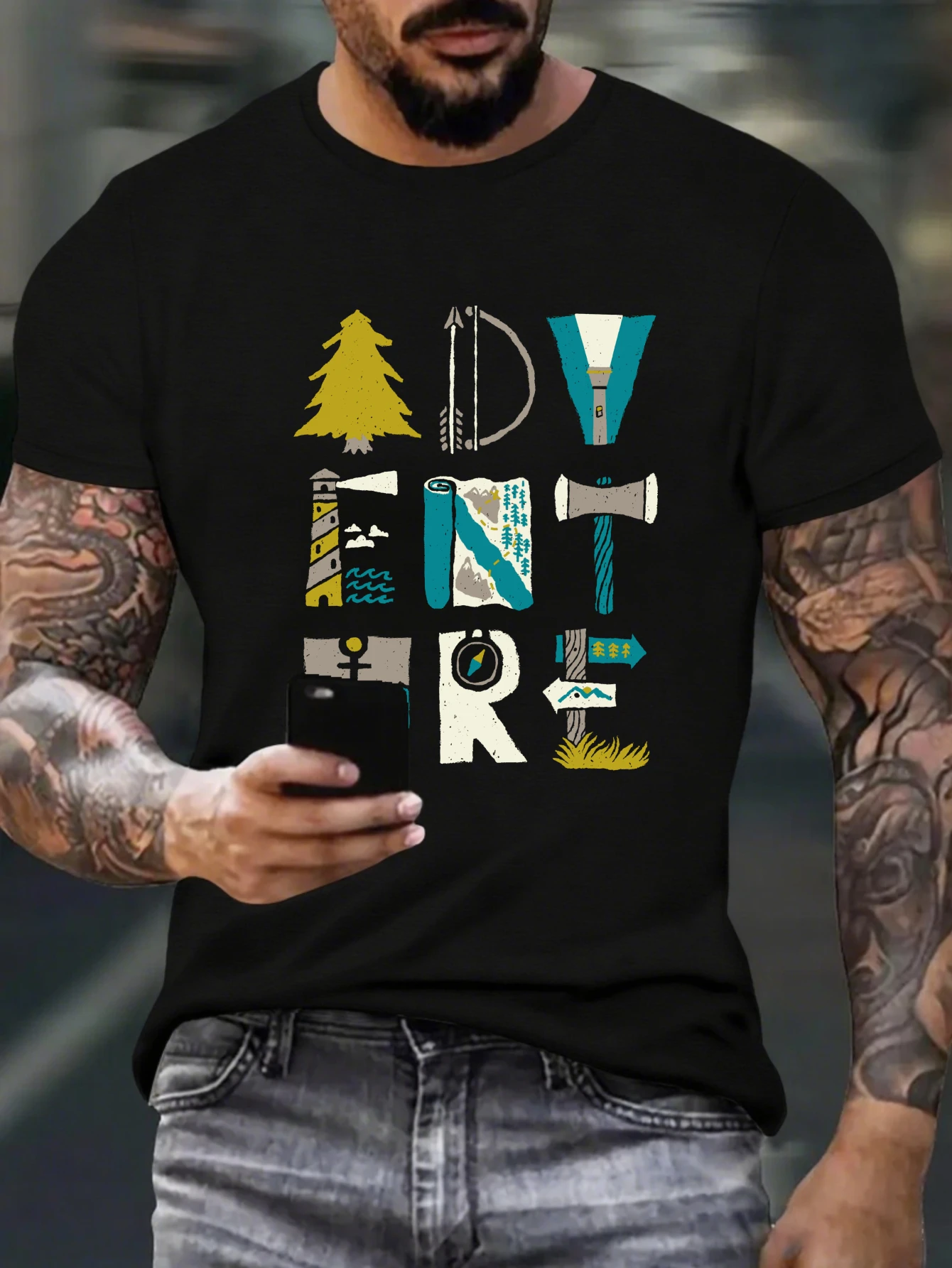 

Retro Adventure Mountain Graphic T-Shirt for Men, Explore Style Short Sleeve Tee, Casual Wanderlust Print Tops