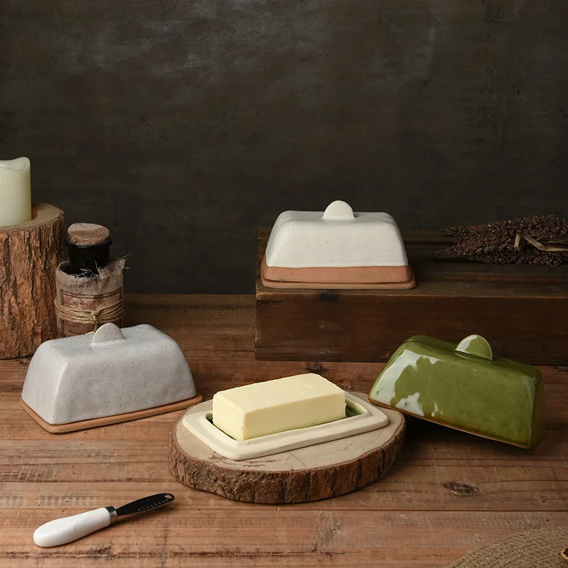 Retro Creative Hand-held Ceramic Butter Dish with Lid Special Butter Box for Kitchen Table Decoration Accessories Tableware