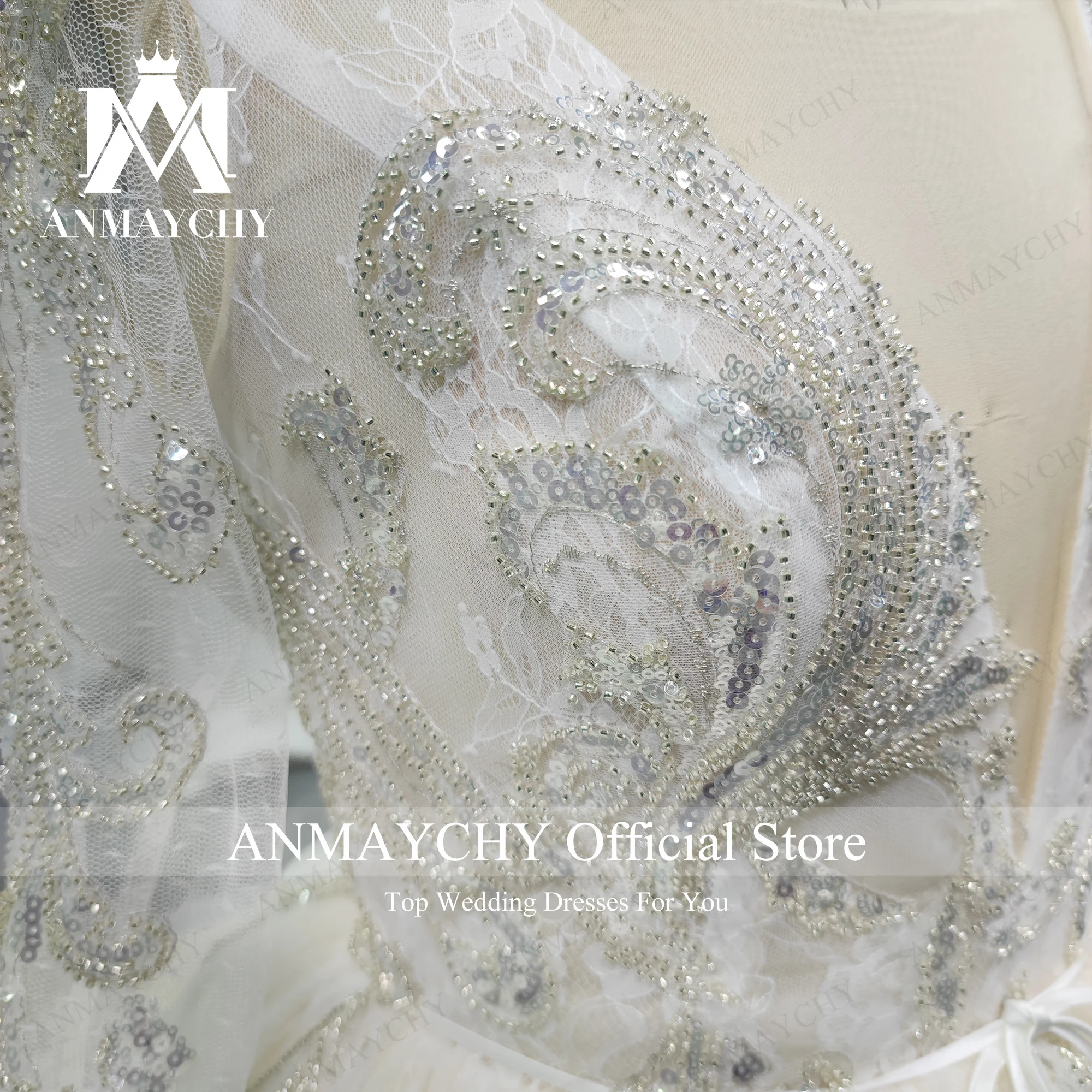 ANMAYCHY Long Sleeve Wedding Dress For Women 2022 Bride Illusion Embroidery Beading V-Neck A-Line Wedding Gown Vestidos De Novia