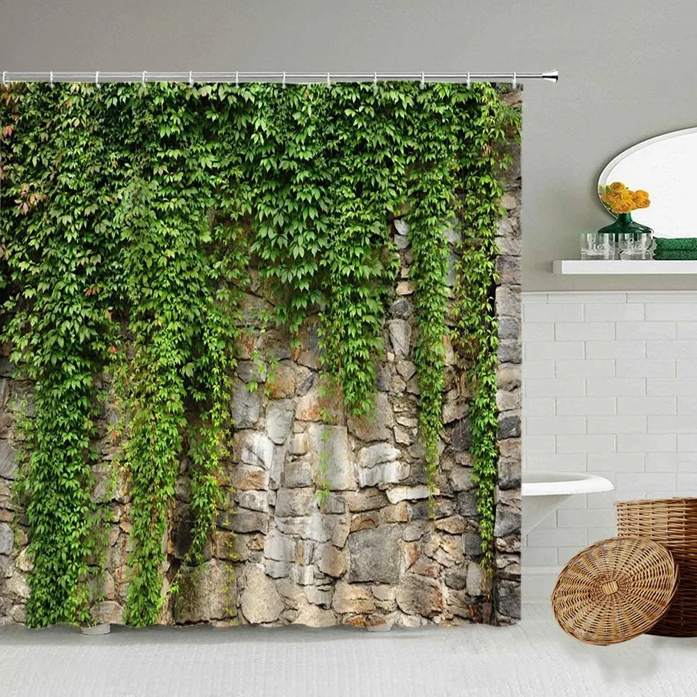 Green Vine Vintage Stone Brick Wall Shower Curtains Set Natural Plants Leaves Flowers Polyester Fabric Bathroom Decor with Hooks