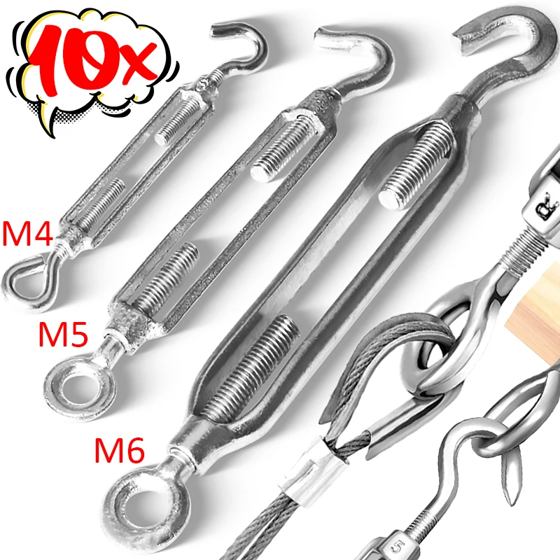10/1PCS Stainless Steel Hook and Eye Tensioners Rope Cable Tension Set Adjustable Garden Wire Ropes Tensioner Locking Device