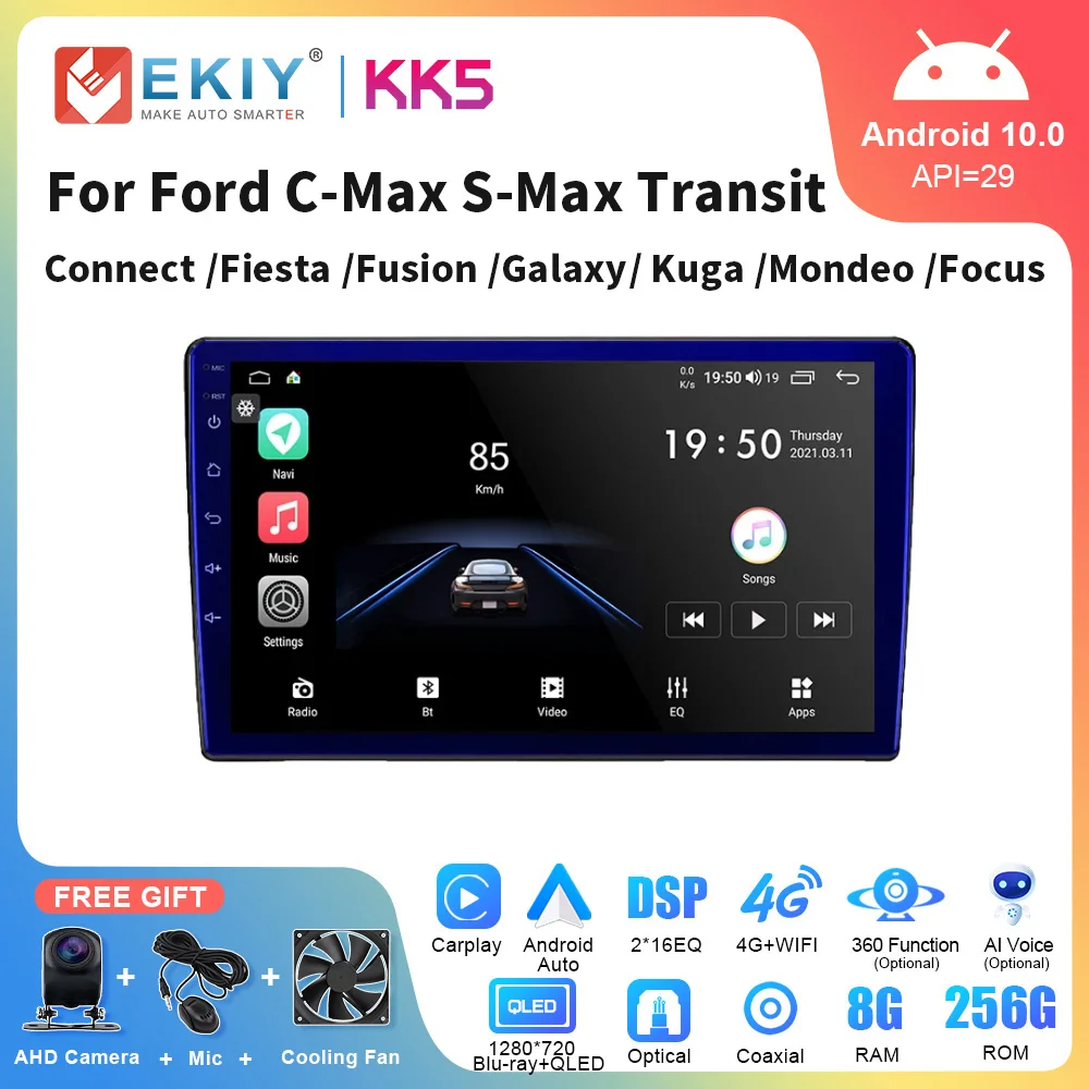 EKIY KK5 For Ford C-Max S-Max Transit Connect Fiesta Fusion Galaxy Kuga Mondeo Focus 9 inch Car Stereo Radio Carplay Auto 2 din