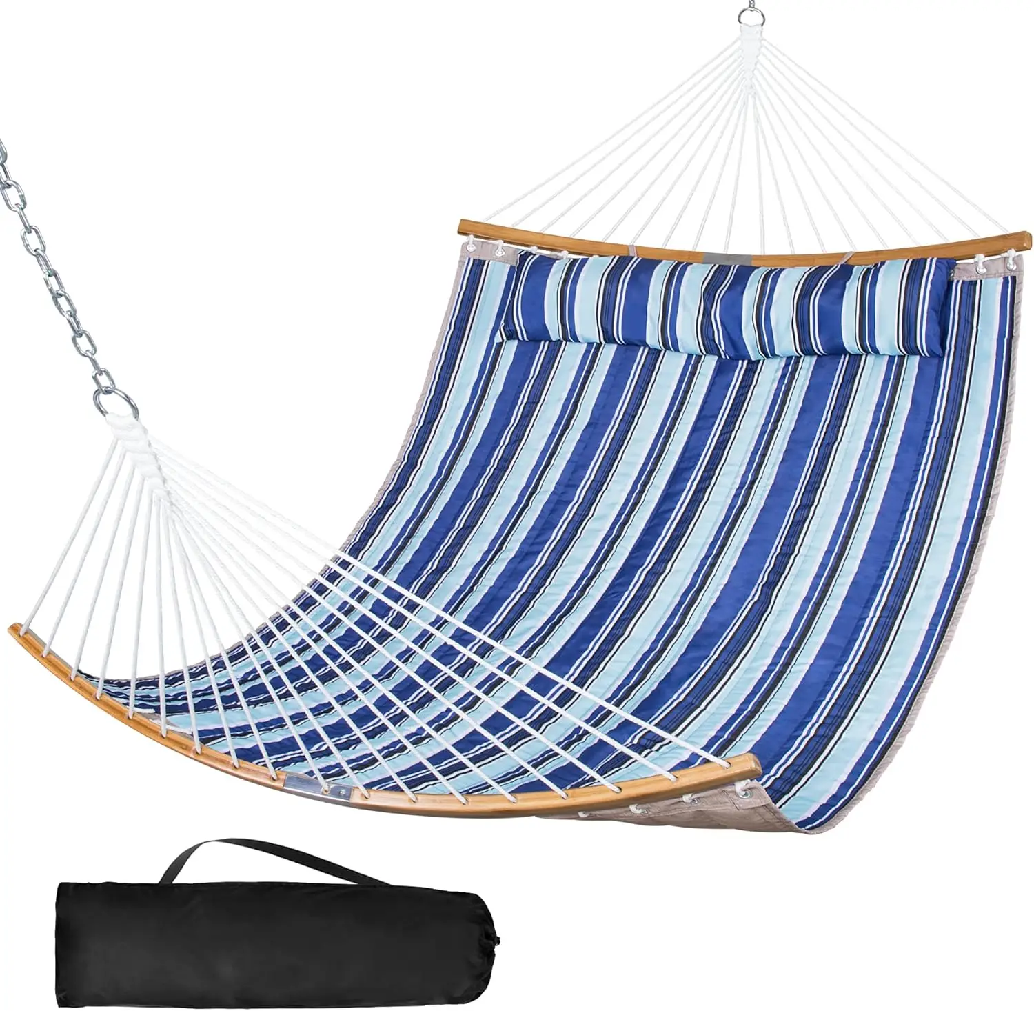 

Portable Hammo With Carrying Bag, 2 Person Hammo With Curved Spreader Bar, Blue Stripes