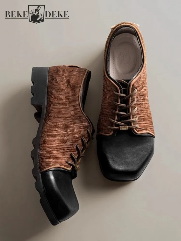 Comfortable Mens Vintage Lace Up Patchwork Cowhide Genuine Leather Dress Shoes Formal Square Tos Business Work Shoes Designer