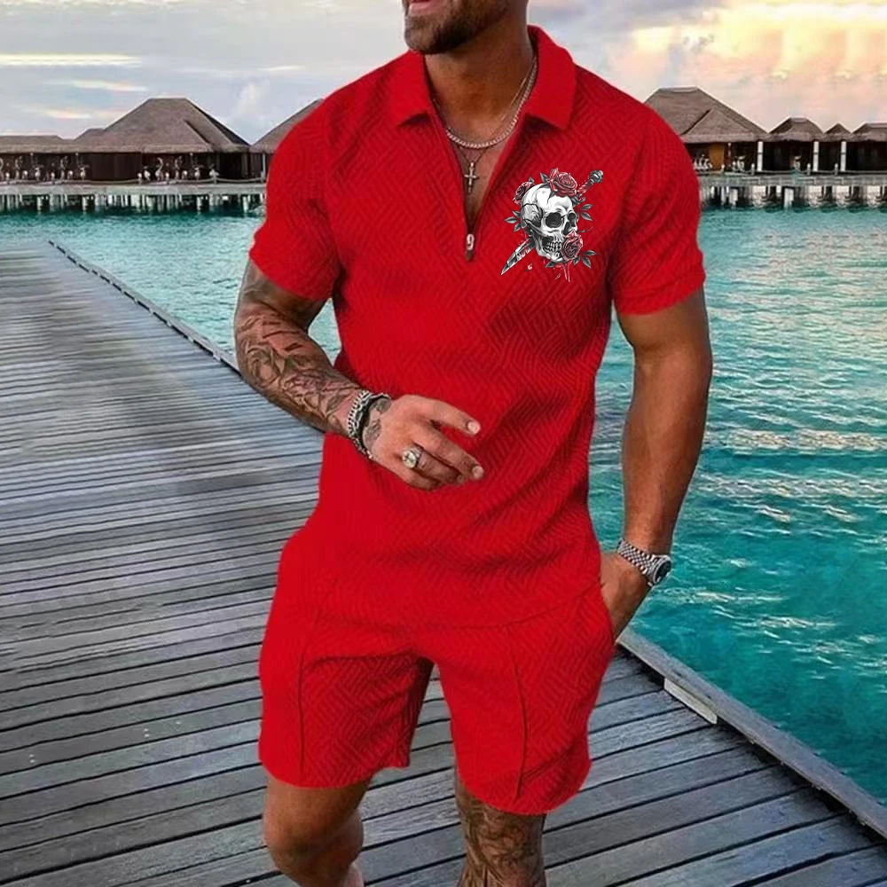 Summer 3D Skull Printed Men's Sets Fashion Zip Polo Short Sleeve Top +Shorts Outfit Summer Street Trend Oversized Men Clothing