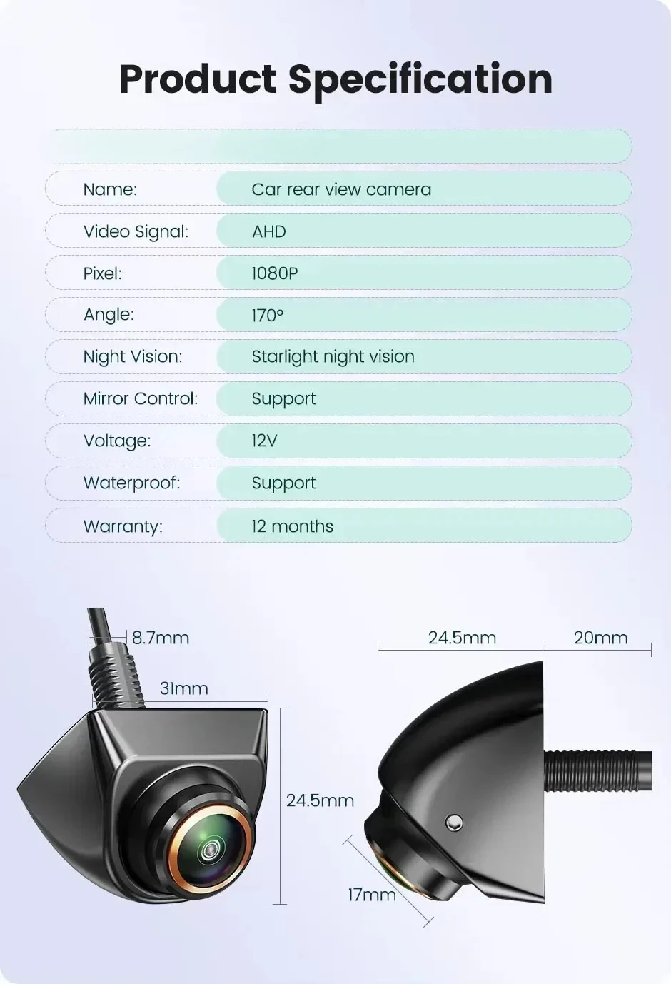 Backup Camera Reversing Rear View CVBS 1080P AHD Cam Night Vision 12V Waterproof 170° Degree Fisheye Golden Lens Full HD Vehicle