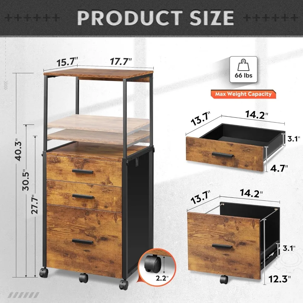 DEVISE-File Cabinet com gavetas de armazenamento, Rolling Printer Stand, Prateleiras ajustáveis, Armário de madeira para casa e escritório