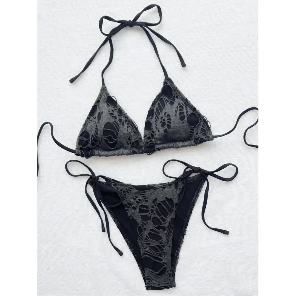 Bañador gótico Grunge para mujer, Micro Bikini desgastado Y2K, trajes de baño Halter con tirantes y cordones, tendencia Punk, novedad de 2023.traje de baño con faja reductora,vestidos de baño mujer envio gratis,tangas